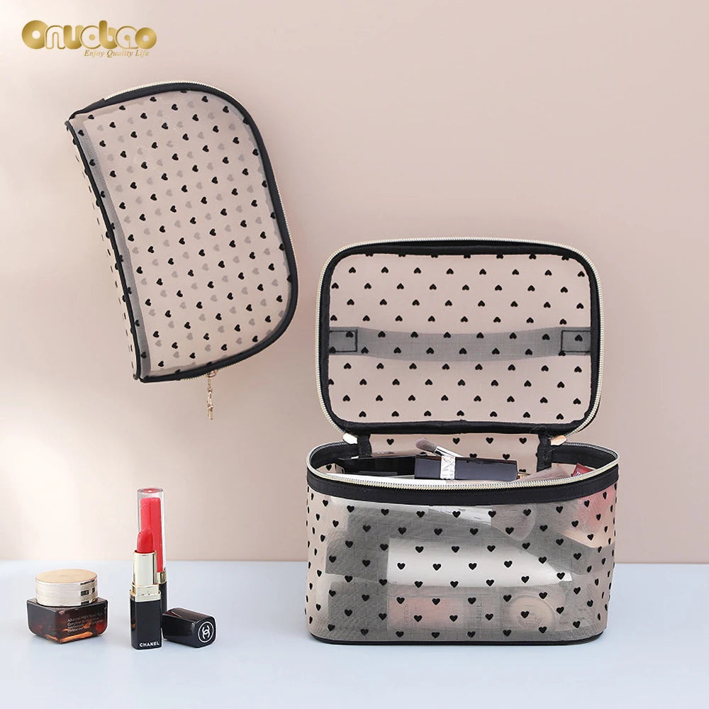 Mesh Cosmetic Bag Portable Zipper Pouch Love Makeup Bags Travel Accessories