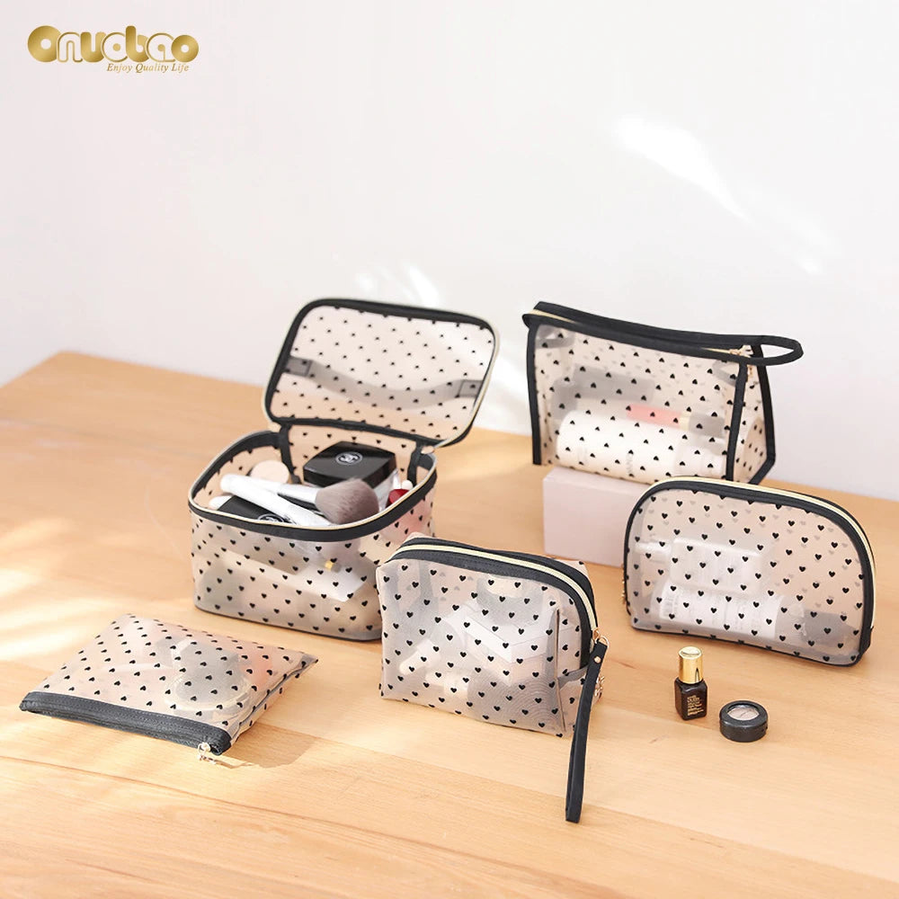 Mesh Cosmetic Bag Portable Zipper Pouch Love Makeup Bags Travel Accessories