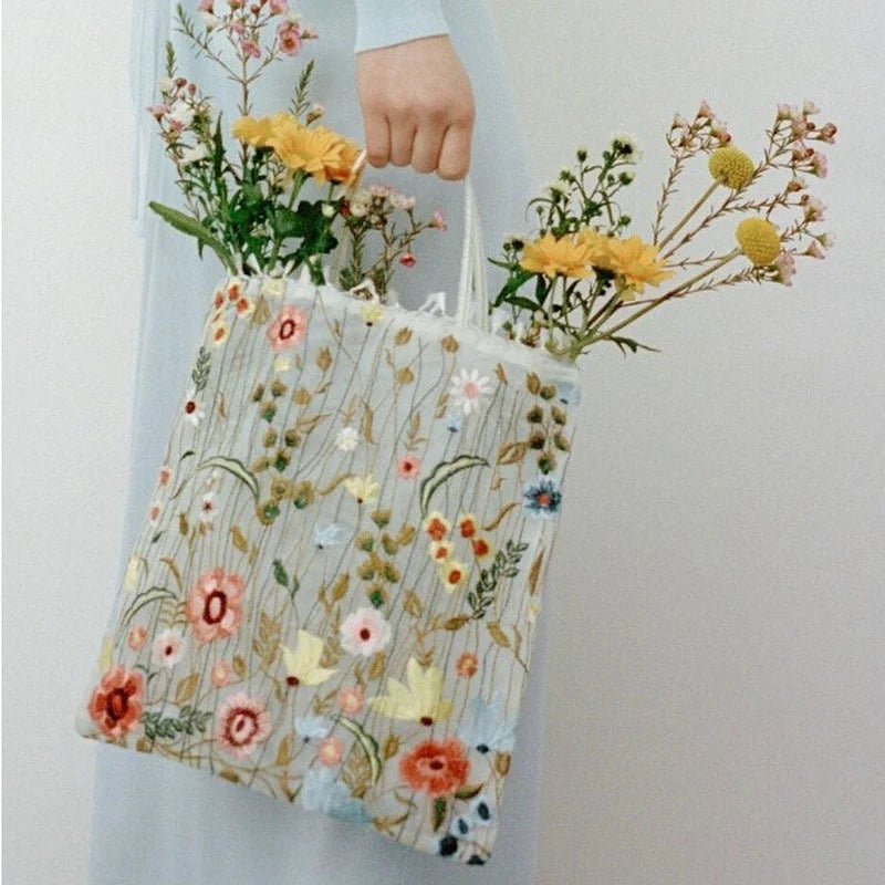 Mesh Embroidery Flowers Clear Shoulder Bag Eco Shopping Tote