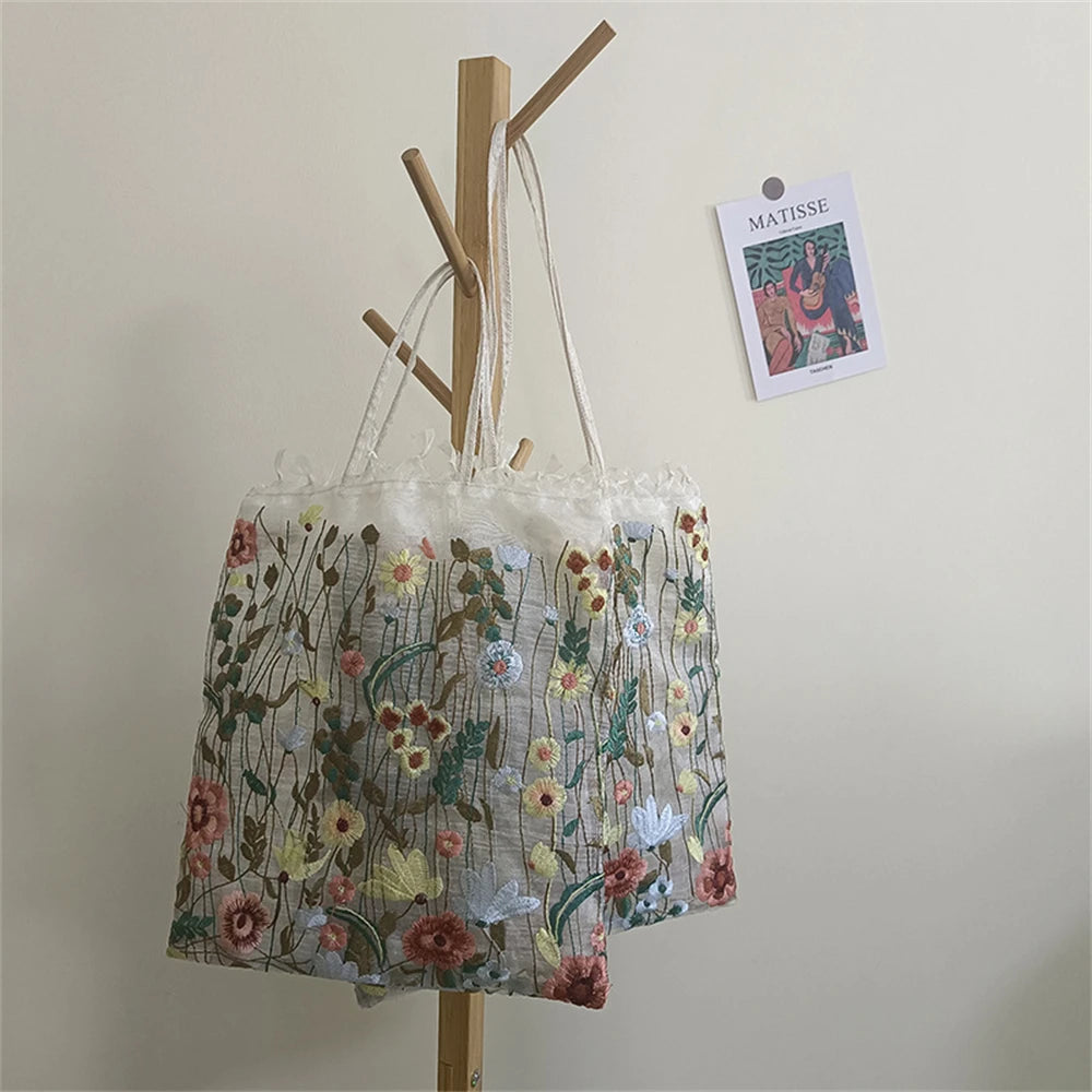 Summer Style Mesh Embroidered Flowers Clear Shoulder Bag