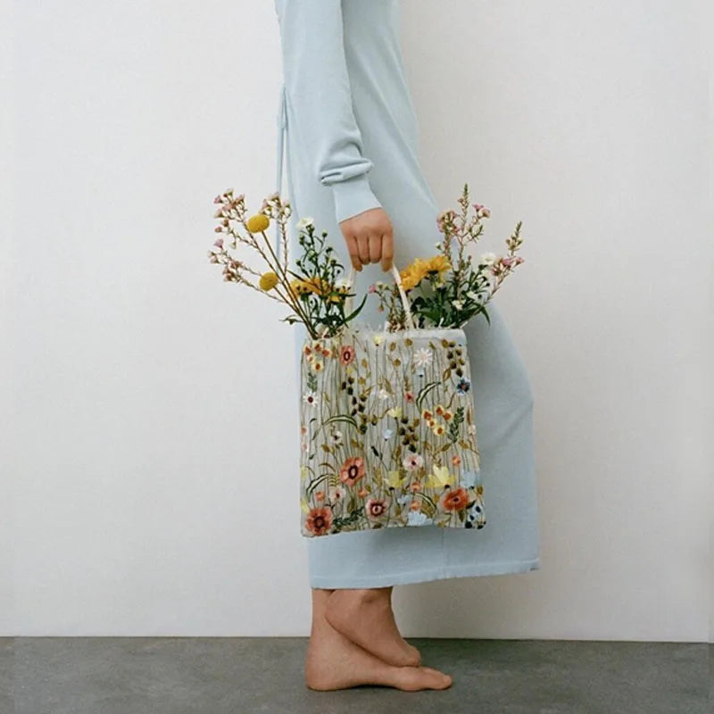 Mesh Embroidery Flowers Clear Shoulder Bag Romantic Handbag