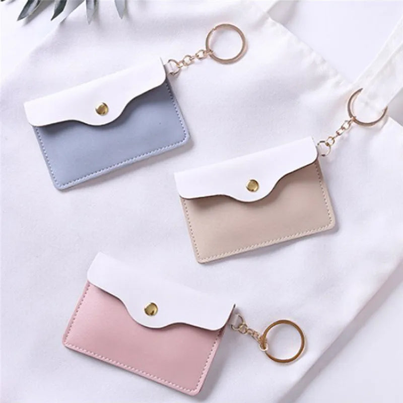 Women Girl Leather ID Card Holder Keychain Bags Badge Key Ring Wallet