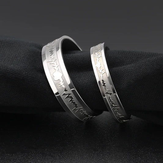 Classic Titanium Steel ECG Wave Heartbeat Ring Couple Wedding Rings Gift