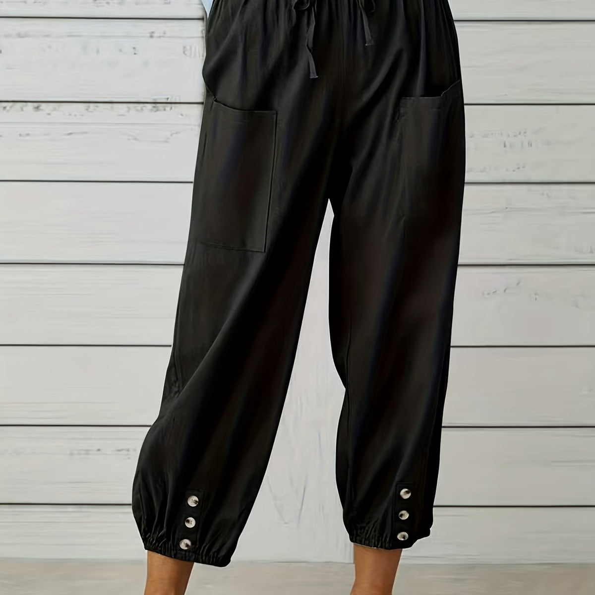 Women's Plus Solid Button Decor High Rise Harem Trousers
