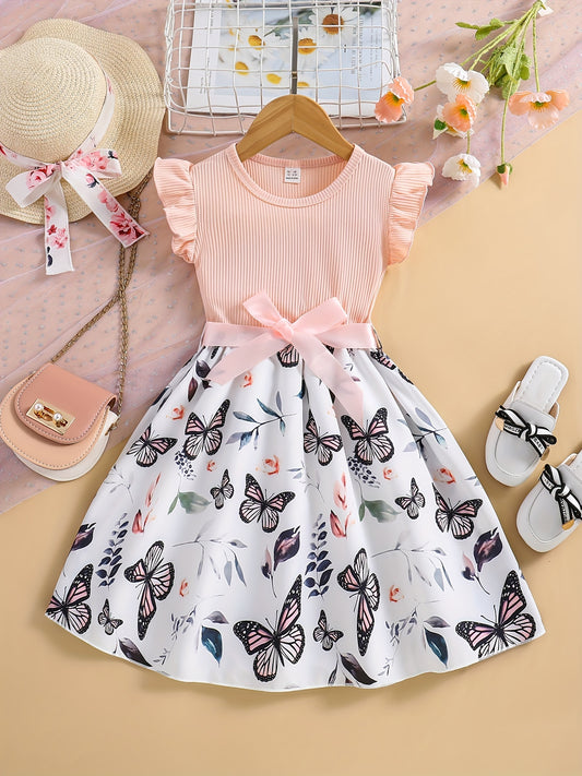 Girls Butterfly Print Skirt Dress Ribbed Ruffle Top Summer Casual Clothes