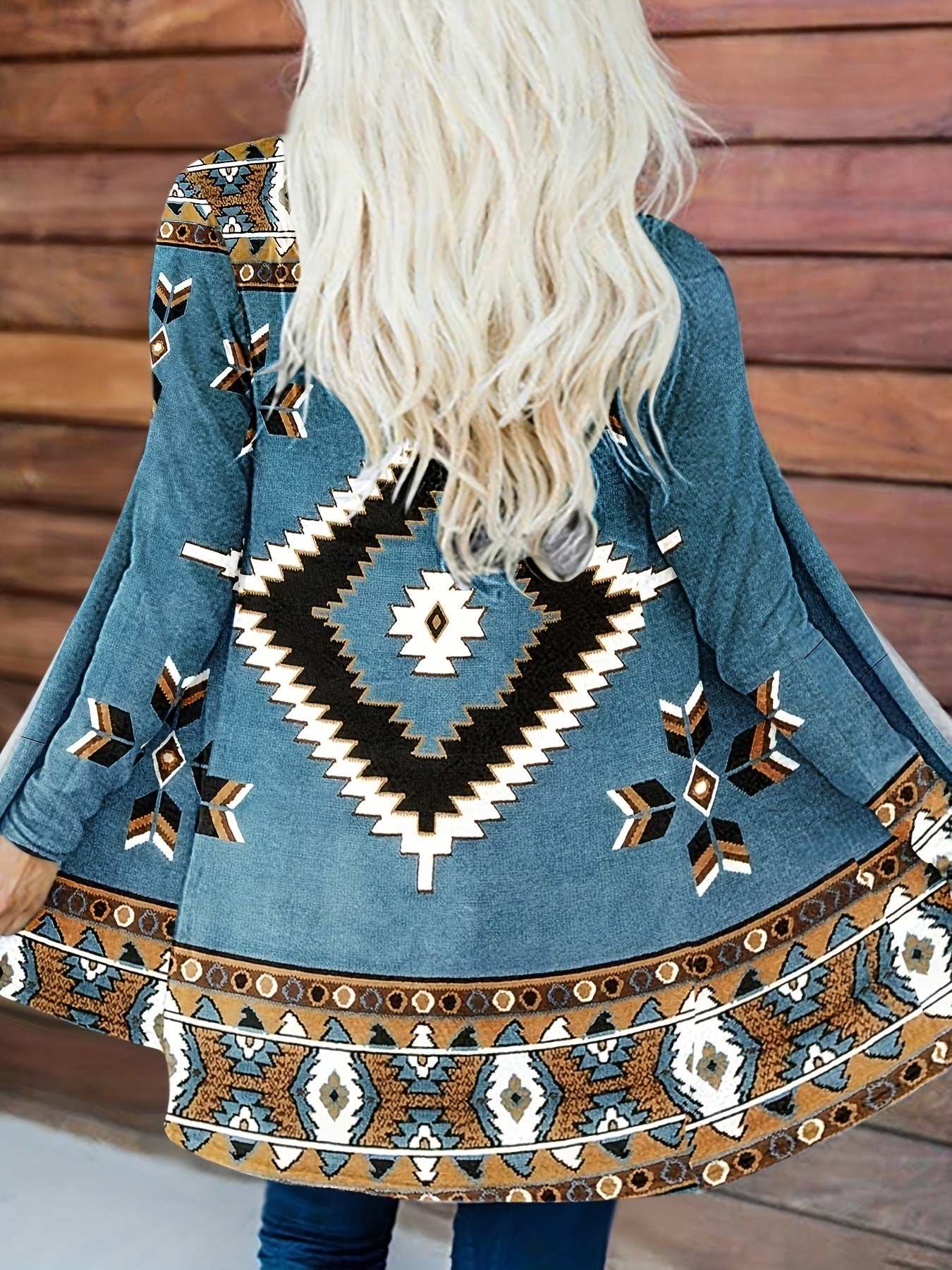  Boho Cardigan Geometric Print Long Sleeve Open Front Cardigan