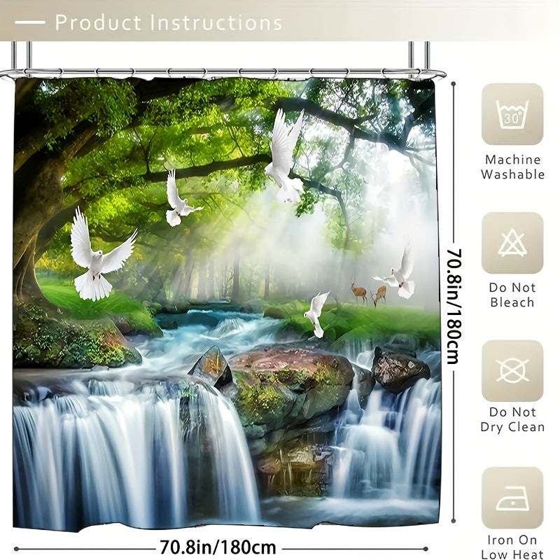 3pcs Pigeons Waterfall Landscape Shower Curtain Set