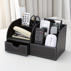 PU Half Leather Desktop Storage Pen Holder with Drawer