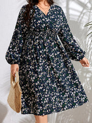  Ditsy Print Lantern Sleeve Midi Dress