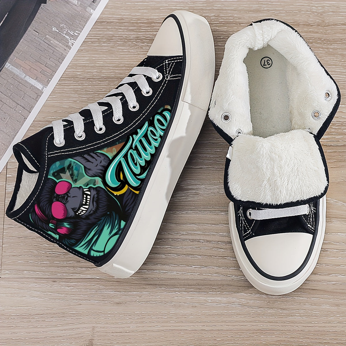 Print Plush Lined Chunky Canvas Sneakers