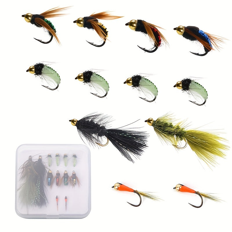 12pcs Hand Tied Fly Fishing Flies Assortment with Fly Box Dry Wet Scud Nymph