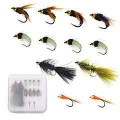 12pcs Hand Tied Fly Fishing Flies Assortment with Fly Box Dry Wet Scud Nymph