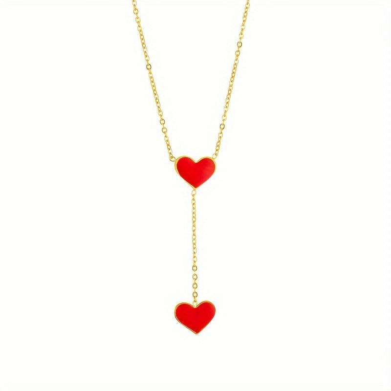 Double Heart Pendant Necklace Red Enamel Finish