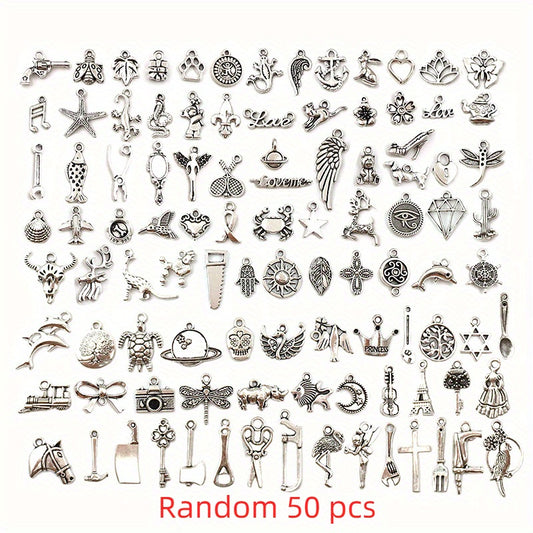 50Pcs Silvery Charms Tibetan Metal Charms Pendants DIY Jewelry Making