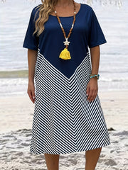  Colorblock Strip Short Sleeve Dress With Pockets