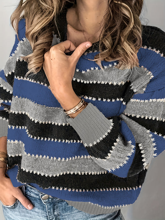  Colorblock Stripe Print Round Neck Jumper