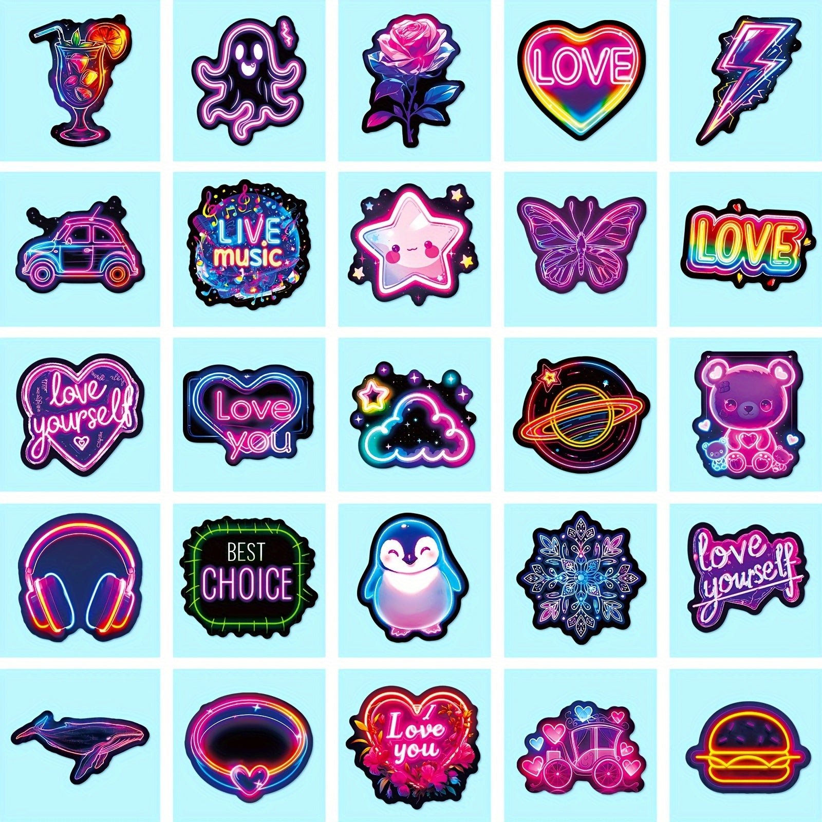 Neon Cartoon Stickers Pack of 50 Reusable Decals for Plastic Surfaces