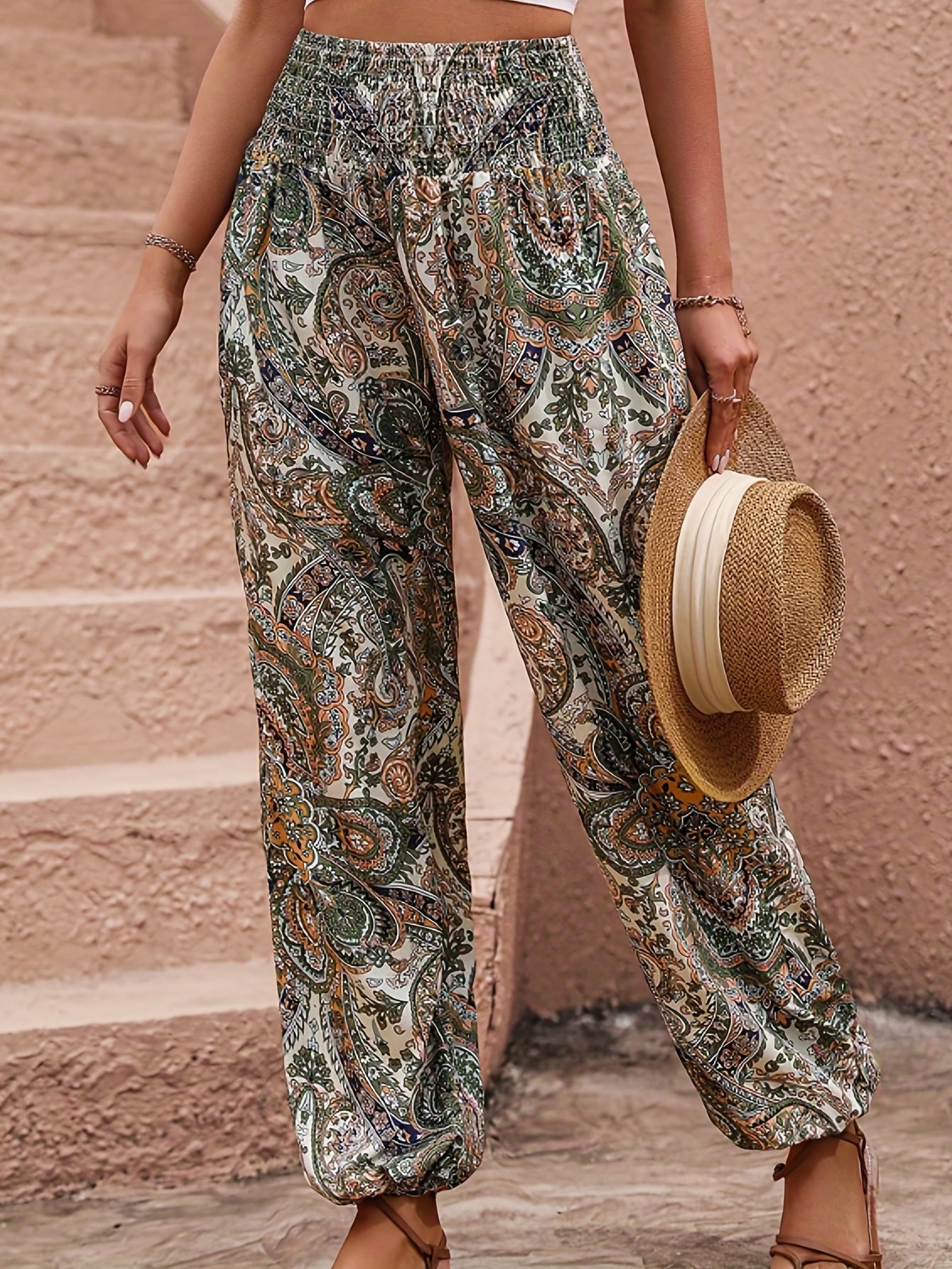  Boho Pants Women's Plus Paisley Print Wide Leg Harem Pants