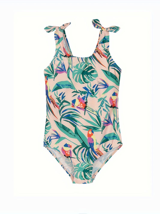 Girl's Parrot Pattern Onesie Swimsuit Bowknot Tankini