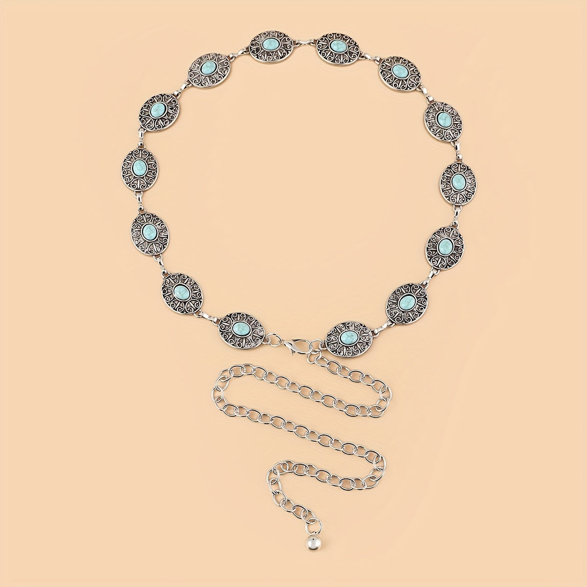 Vintage Western Style Turquoise Waist Chain Engraved Metal Belt