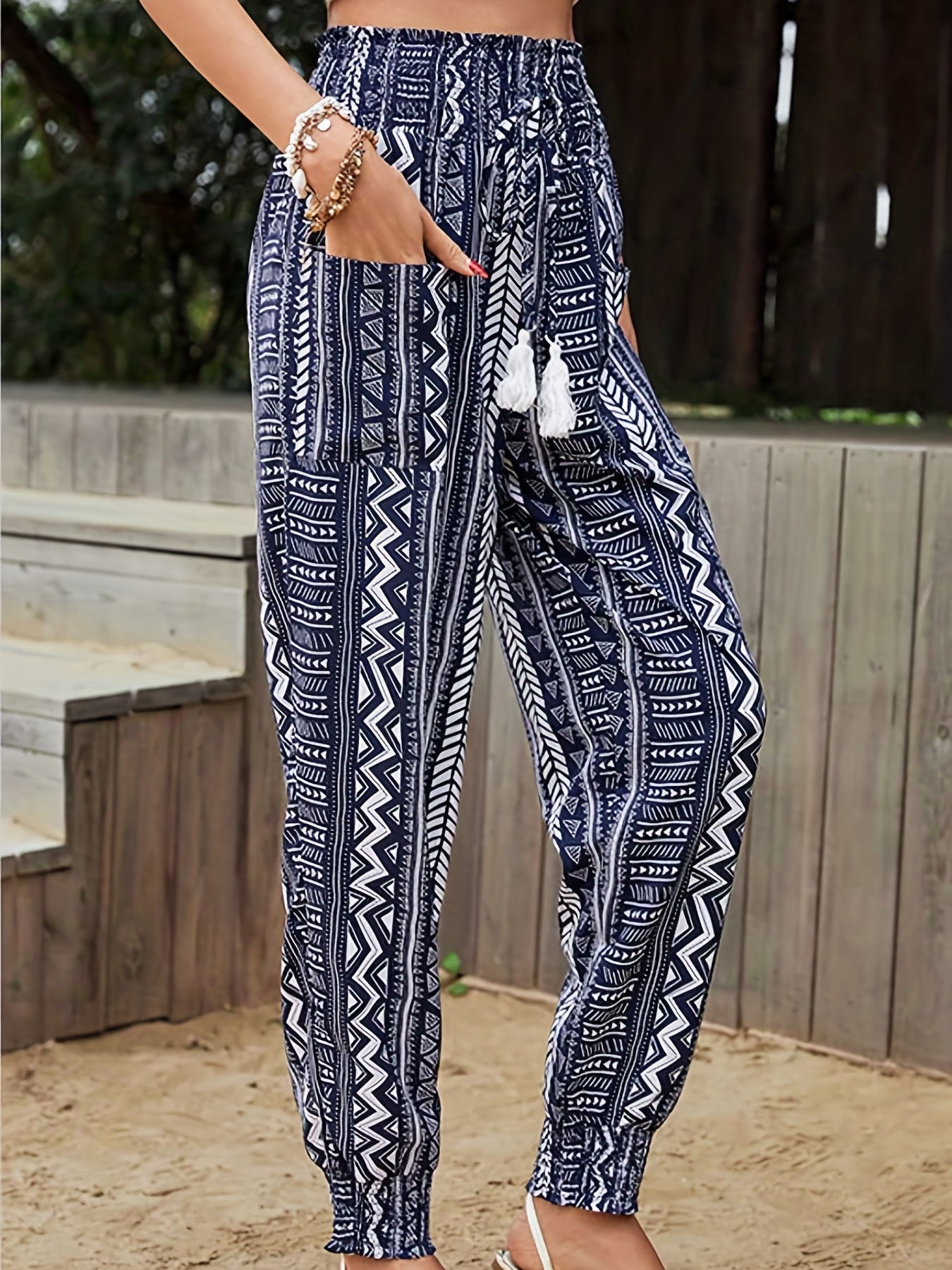  Geometric Print Boho Pants Shirred Waist Tassel Decor Trousers
