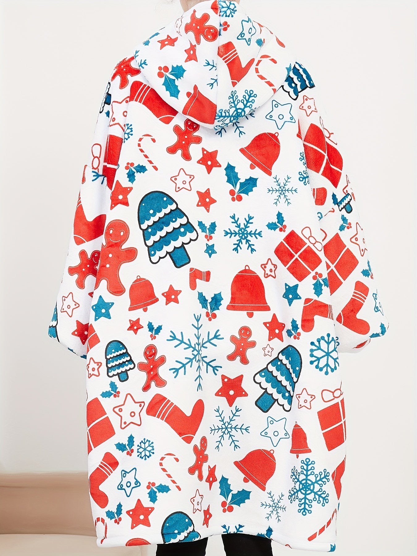  Fleece Snowflake & Bell Print Hooded Robe