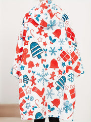  Fleece Snowflake & Bell Print Hooded Robe
