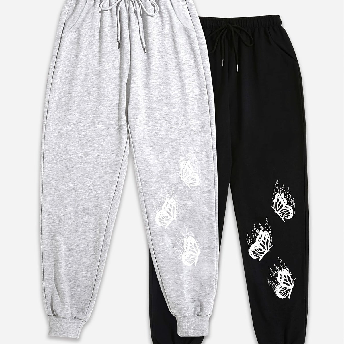 2 Pack Plus Size Sports Pants Women's Plus Butterfly Print Elastic Drawstring