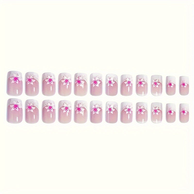 24pcs Pink Floral Gradient Press On Nails Kit Short Square Glossy Finish