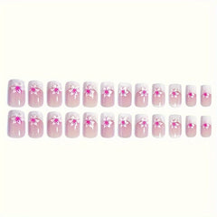 24pcs Pink Floral Gradient Press On Nails Kit Short Square Glossy Finish