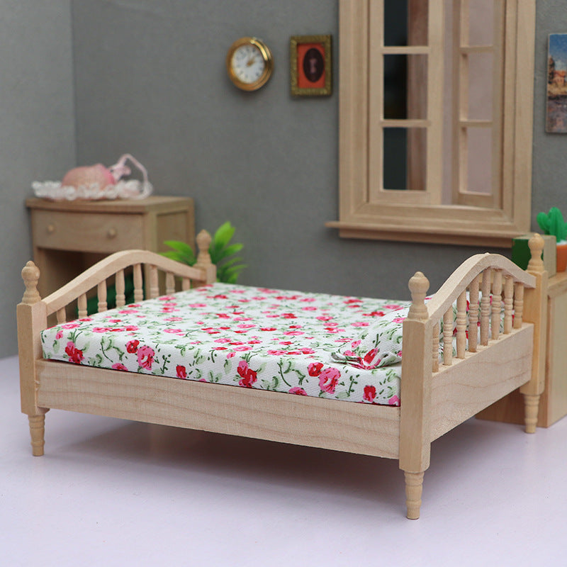 1/12 Scale Wooden Twin Bed Frame with Floral Bedding