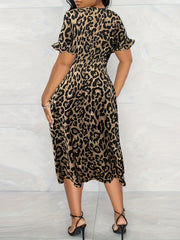  Leopard Print V Neck Ruffle Trim Maxi Dress