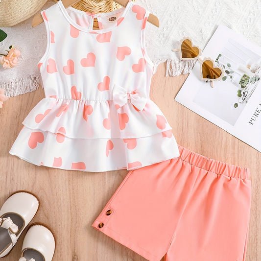 Girls Heart Graphic Peplum Top & Shorts Set for Summer Holiday