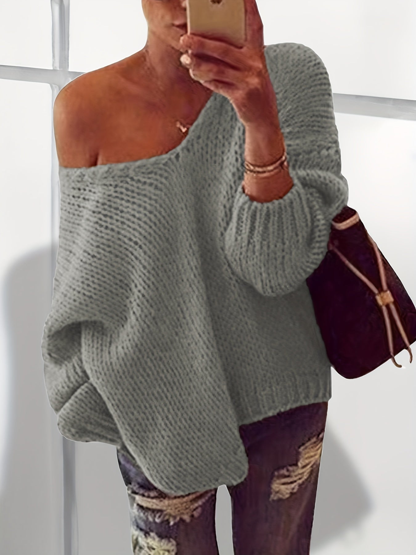 Casual V Neck Knitted Top Long Sleeve Pullover Sweater