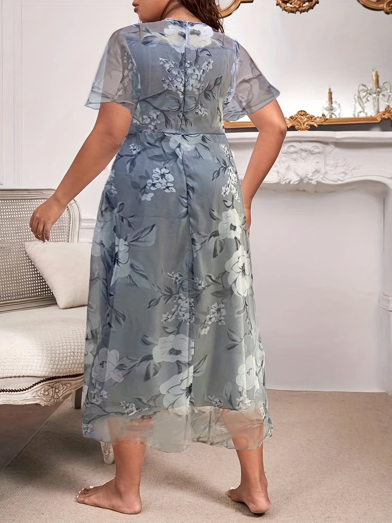 Floral Print Mesh Short Sleeve Maxi Dress
