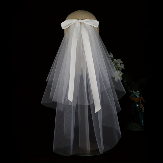 Double Layer Veil With Comb and Bow Bridal Wedding Hair Accessory