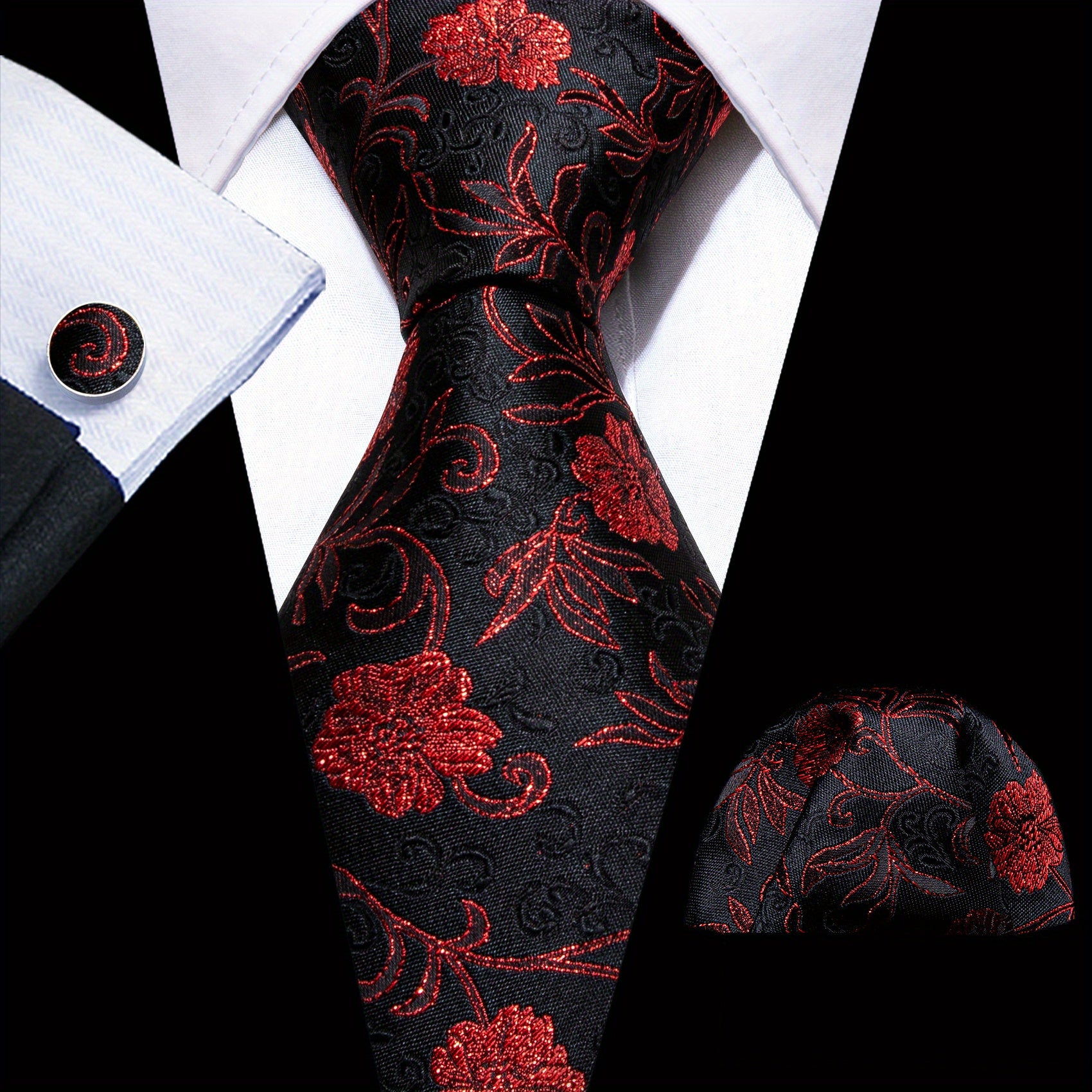 Barry Wang Men's Tie Floral Jacquard Set