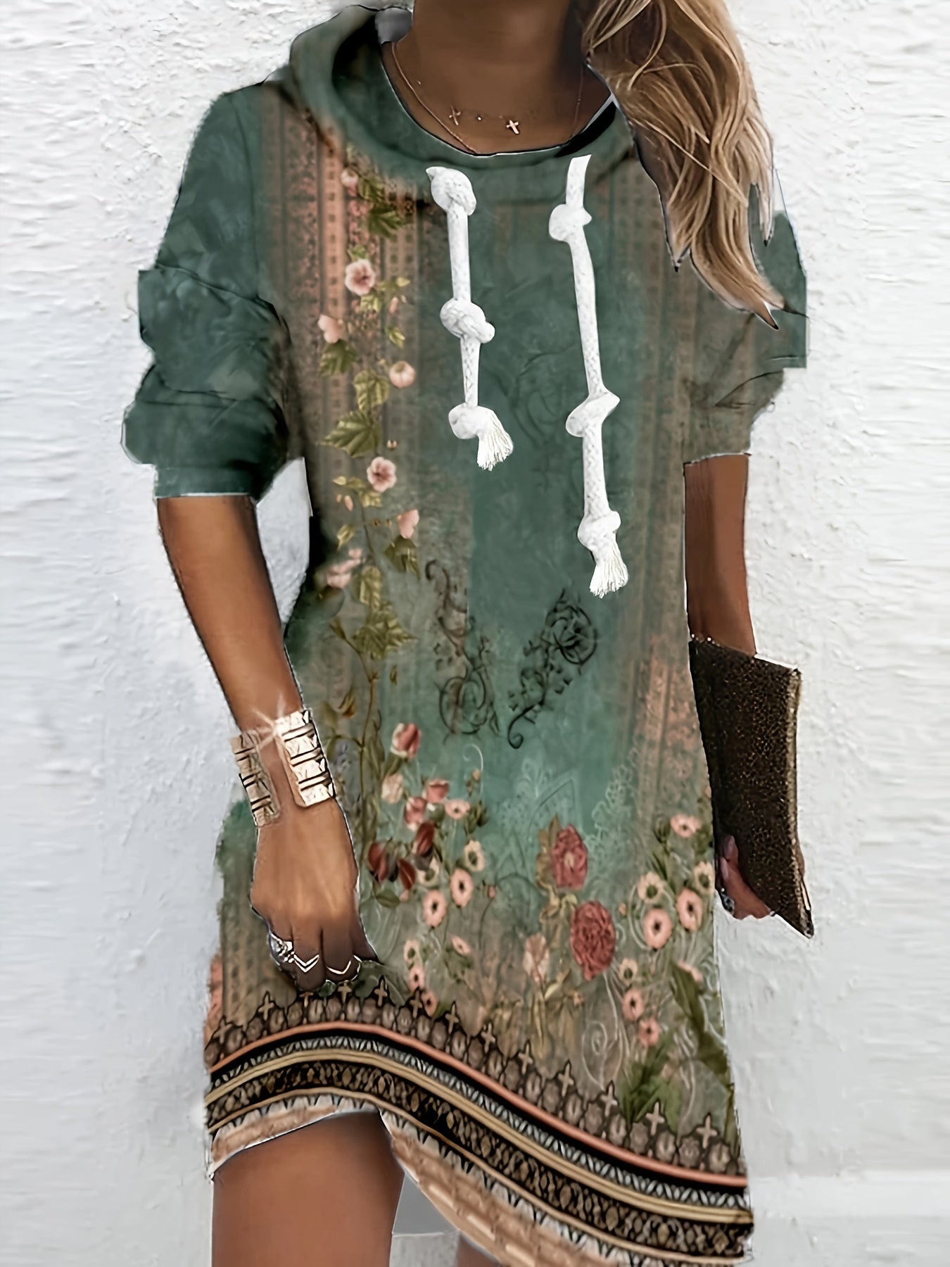 Floral Geometric Print Drawstring Hooded Maxi Dress