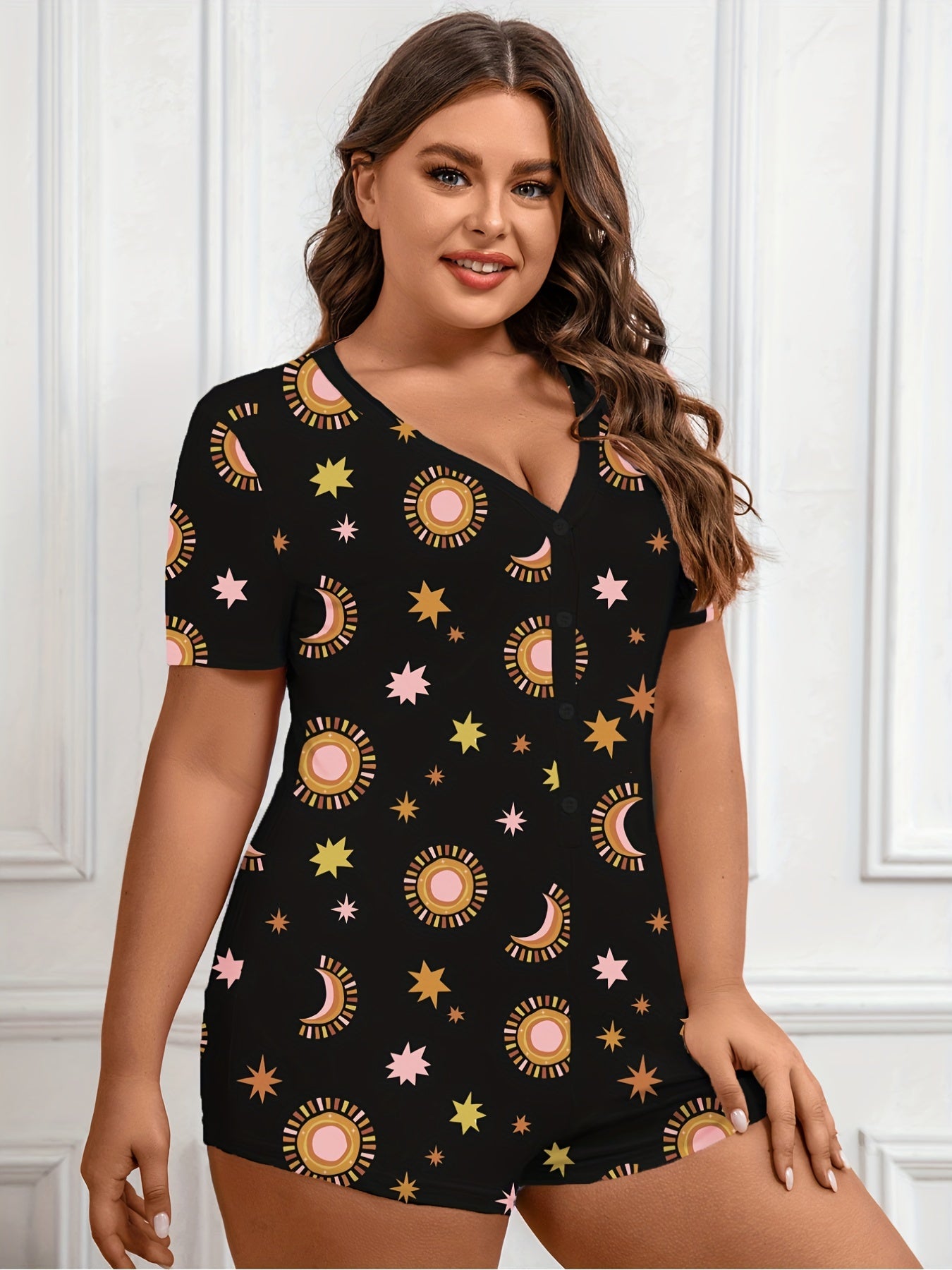 Sun & Moon & Star Print Button Up Romper