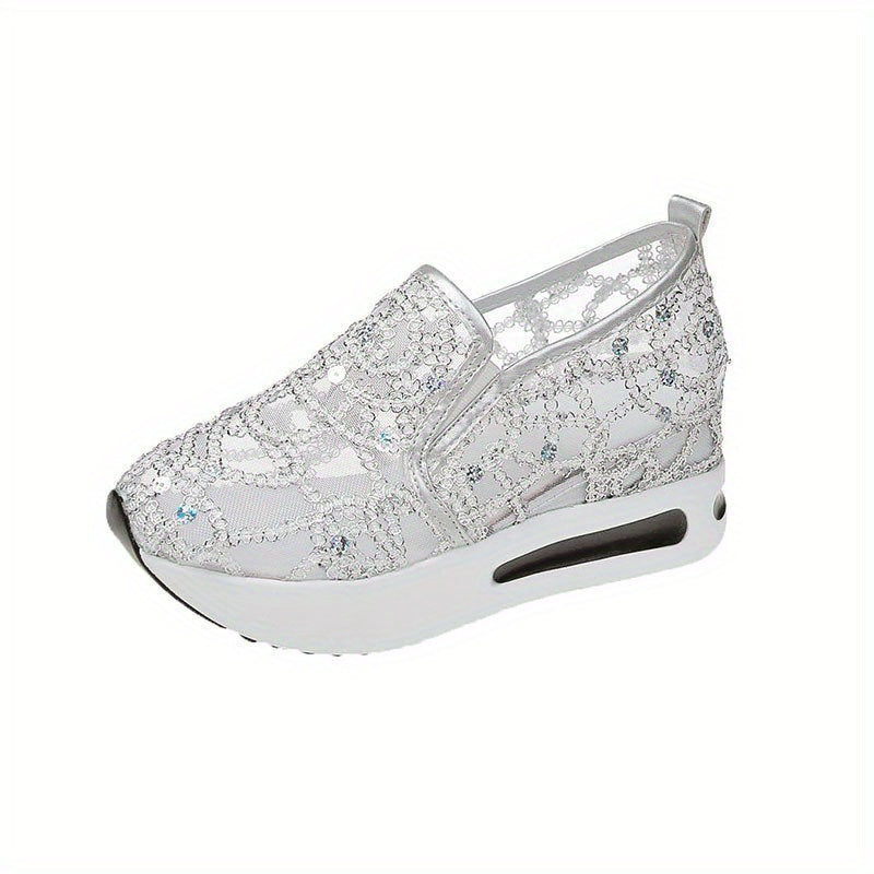 Sequins Platform Loafers Lace Slip On Walking Shoes