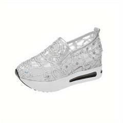Sequins Platform Loafers Lace Slip On Walking Shoes