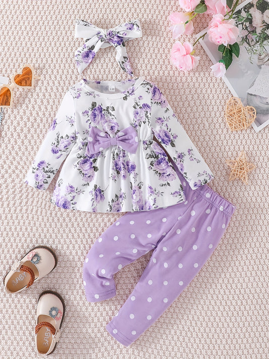 Baby Girls Floral Print Top & Pants Set For Spring And Autumn