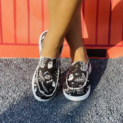 Women's Funny Halloween Print Shoes Casual Skull Pattern Slip On Canvas Shoes