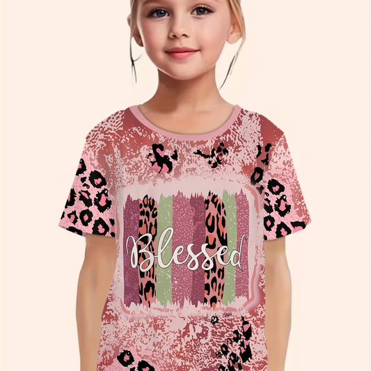 BLESSED Leopard Print Short Sleeve T-shirt Girls Summer Sports Pullover