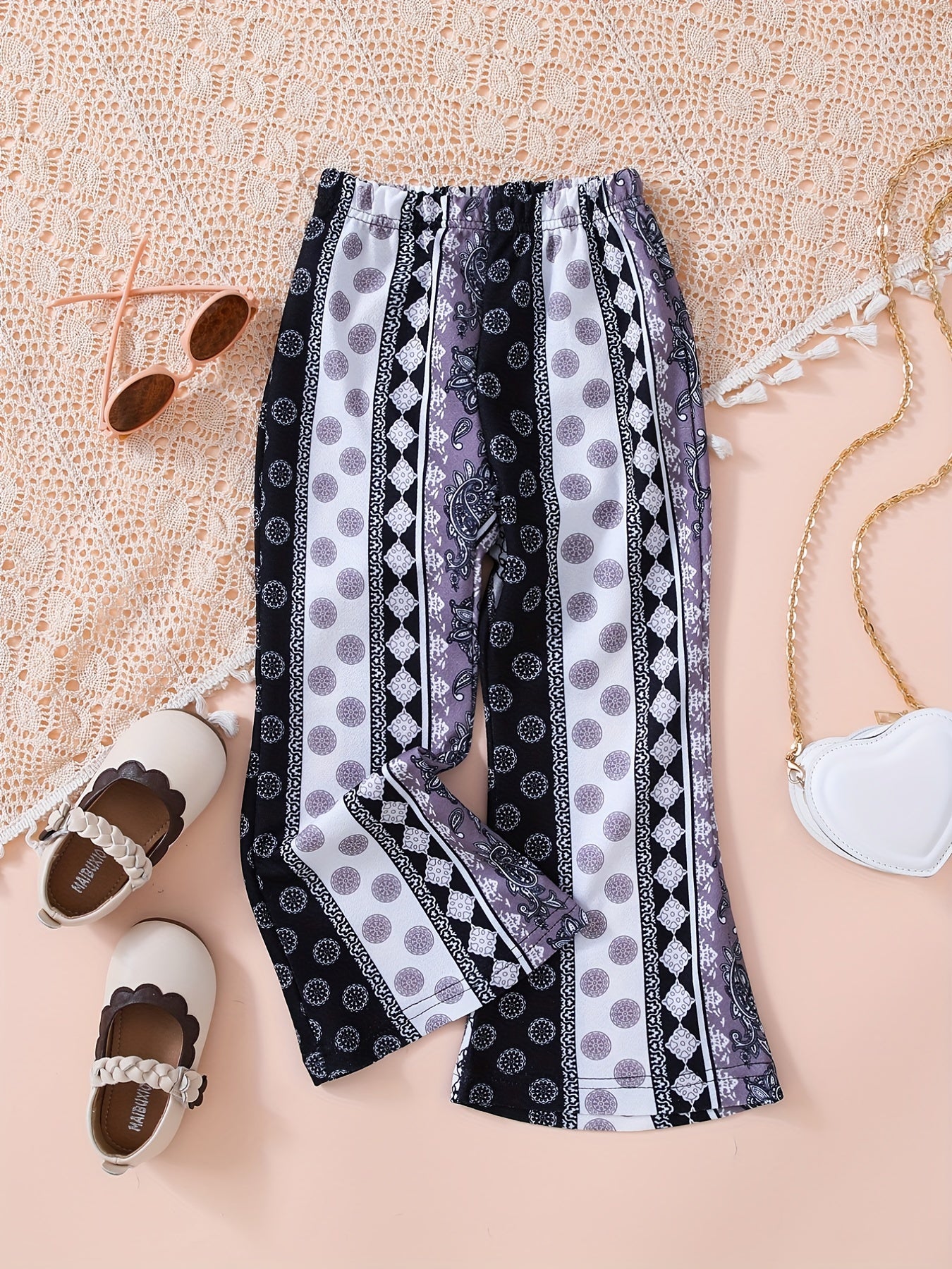 Toddler Girls Striped Polka Dot Flare Pants Elastic Waist Casual Trousers