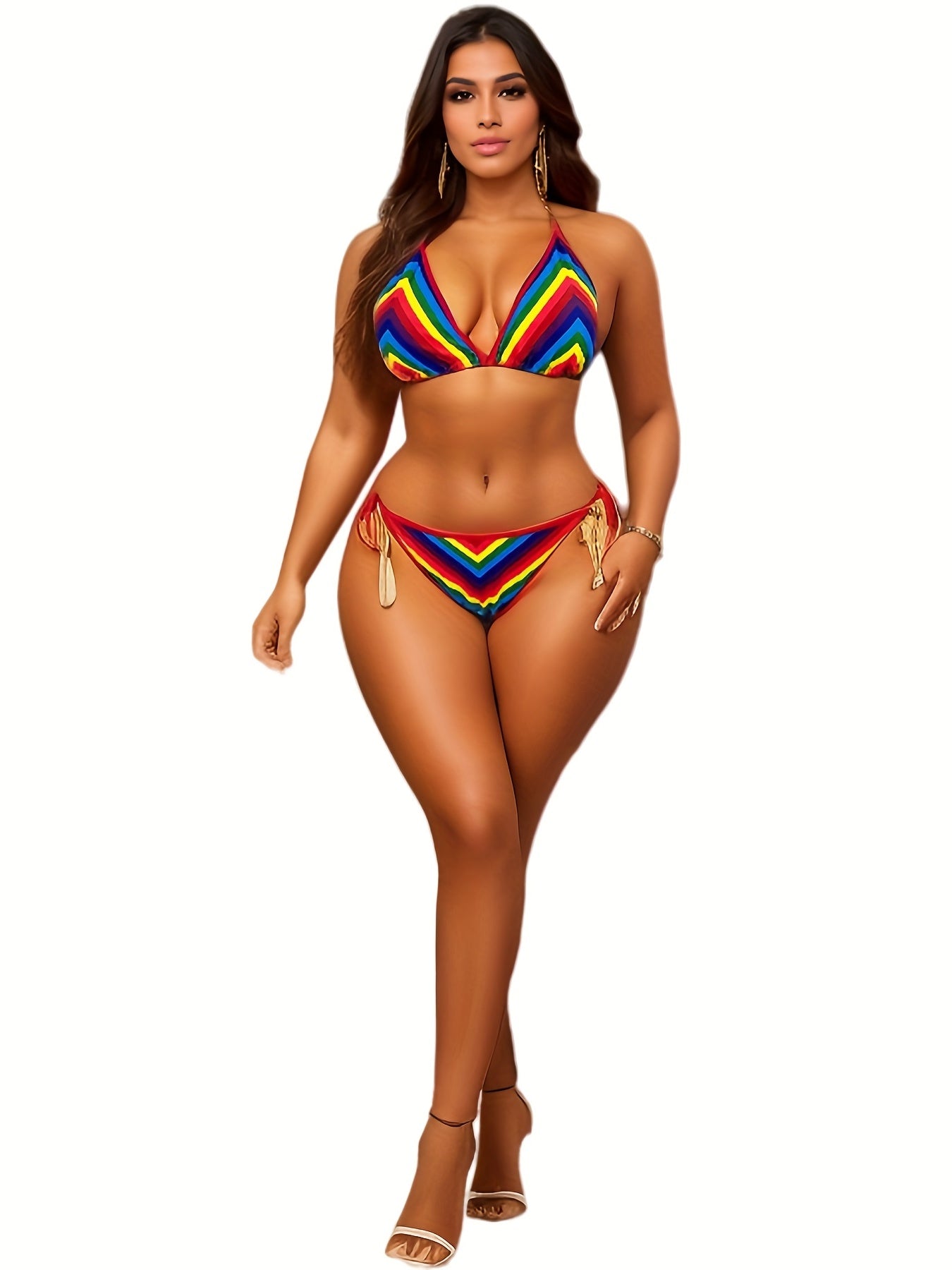  Rainbow High Leg Cut Bikini Set Stretch Vacay Swimsuit