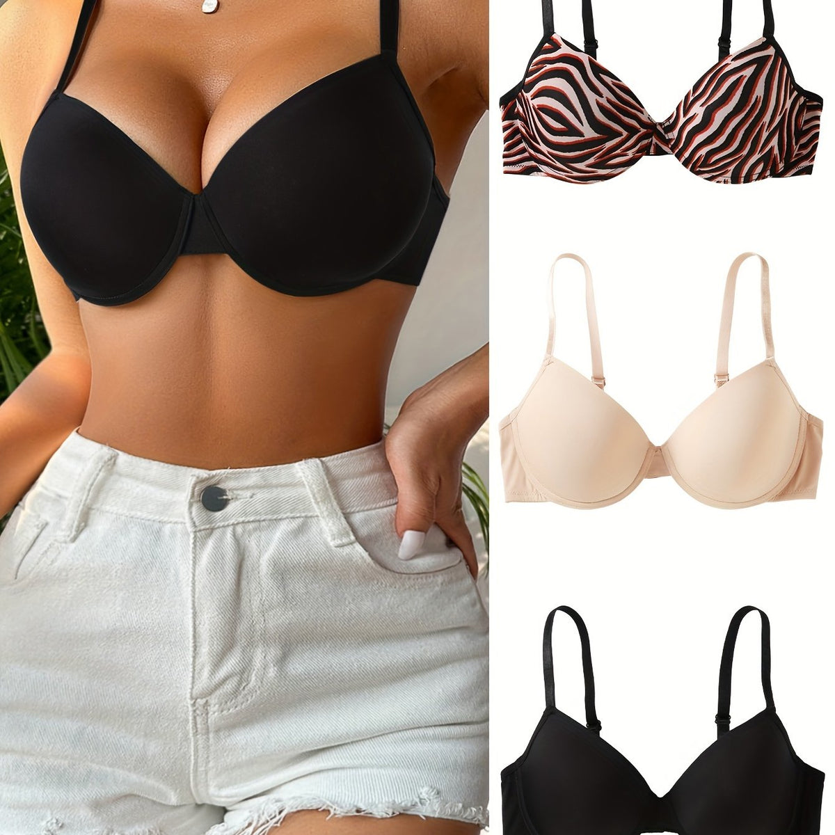3 Pcs Push Up Bra Set Zebra Stripe Seamless Anti Sagging Lingerie