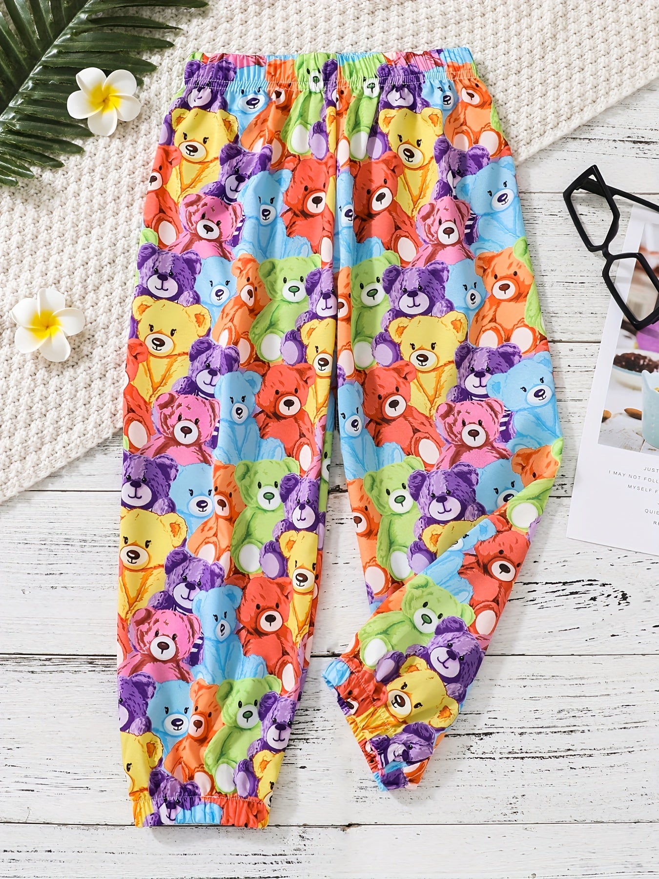 Girls Casual Bear Graphics Trousers, Loose Fit Pants