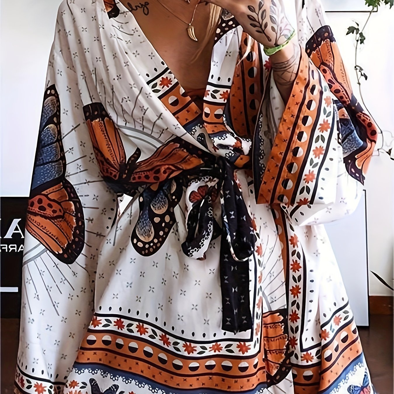  Butterfly Print V Neck Mini Dress