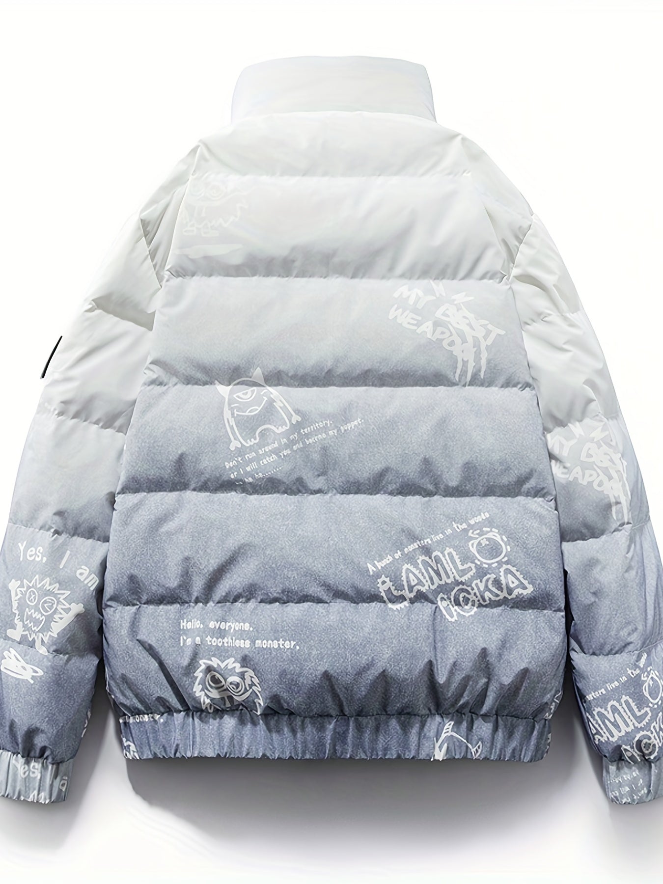 Graffiti Print Puffer Jacket Men's Stand Collar Down Coat